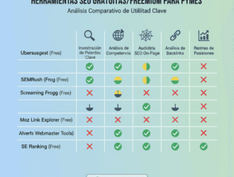 Infografía comparativa de herramientas SEO gratuitas para pymes 2025: Ubersuggest, SEMrush, Moz, Screaming Frog, Ahrefs, SE Ranking