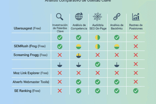 Infografía comparativa de herramientas SEO gratuitas para pymes 2025: Ubersuggest, SEMrush, Moz, Screaming Frog, Ahrefs, SE Ranking