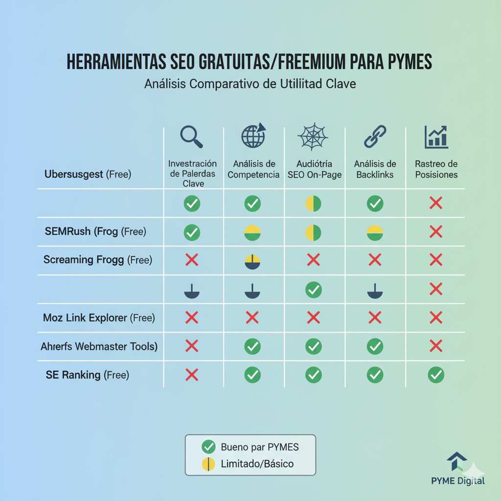 Infografía comparativa de herramientas SEO gratuitas para pymes 2025: Ubersuggest, SEMrush, Moz, Screaming Frog, Ahrefs, SE Ranking
