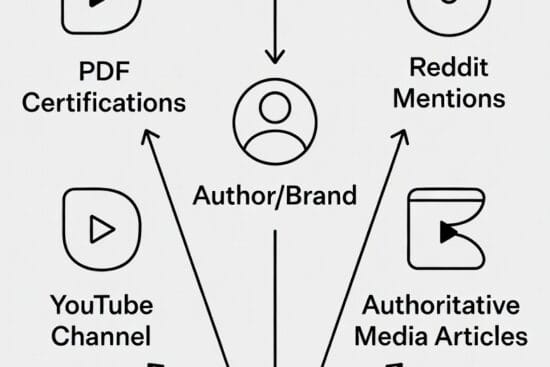 Un mapa conceptual donde en el centro se encuentra el autor o la marca, rodeado de nodos que representan su perfil de LinkedIn, sus menciones en Reddit, sus certificaciones en PDF, su canal de YouTube y sus artículos en medios de autoridad. Todos los nodos están interconectados hacia el sitio web principal.