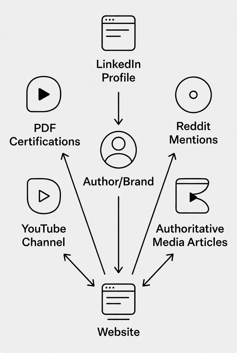 Un mapa conceptual donde en el centro se encuentra el autor o la marca, rodeado de nodos que representan su perfil de LinkedIn, sus menciones en Reddit, sus certificaciones en PDF, su canal de YouTube y sus artículos en medios de autoridad. Todos los nodos están interconectados hacia el sitio web principal.